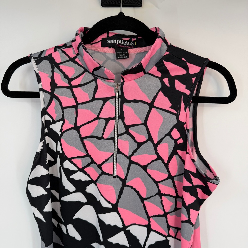 Simplicite Jamie Sadock Pink Black Geometric Mosaic Quarter Zip Sleeveless Top M - Picture 2 of 8